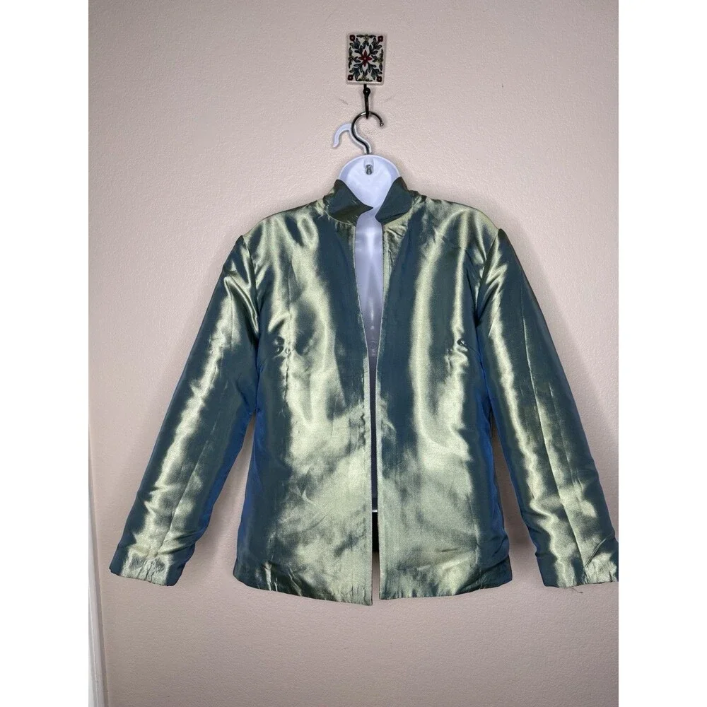 Grace Chuang New York Feather Print Open Jacket Sz S Multicolor Reversible Green - Picture 11 of 16